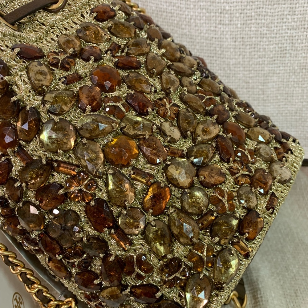 NEW Tory Burch Soft Fleming Gold Crochet Jewel Mini Bucket Tote/Crossbody Bag - Picture 13 of 16